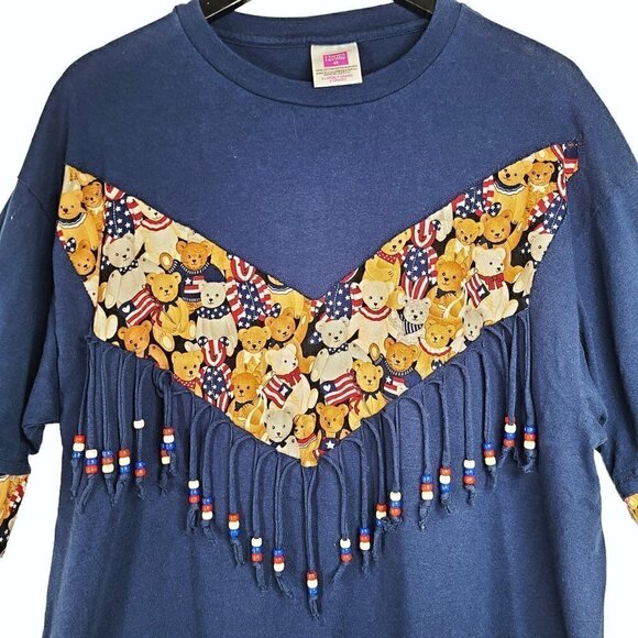 Vintage Hanes Teddy Bear Navy Blue American Flag Beaded Fringe Shirt - Picture 2 of 6